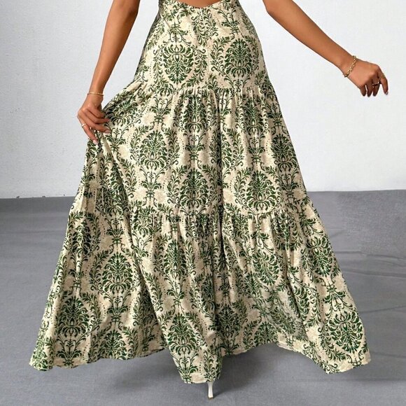 Army Green Boho Women's Vacation Printed Bohemian Backless Maxi Cami Dress - Picture 6 of 9